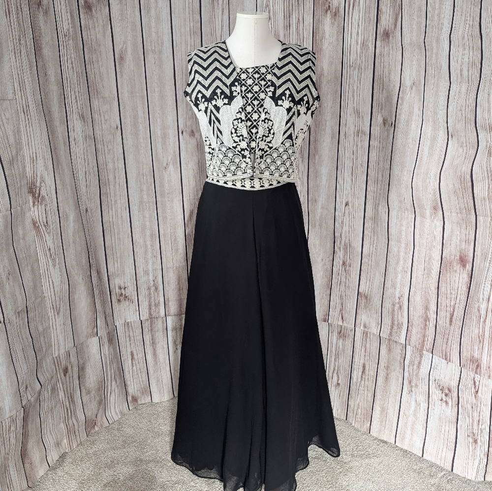 Black / Off White Indo Western Crop Top Palazzo Outfit With Sleeveless Jacket